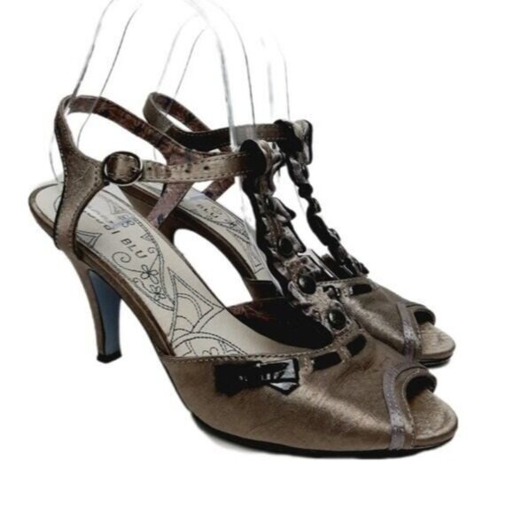 BOBBI BLU Edith Satin Peep Toe Gem T-strap Slingbacks High Heel Shoes Gray Sz 8 - Picture 1 of 11